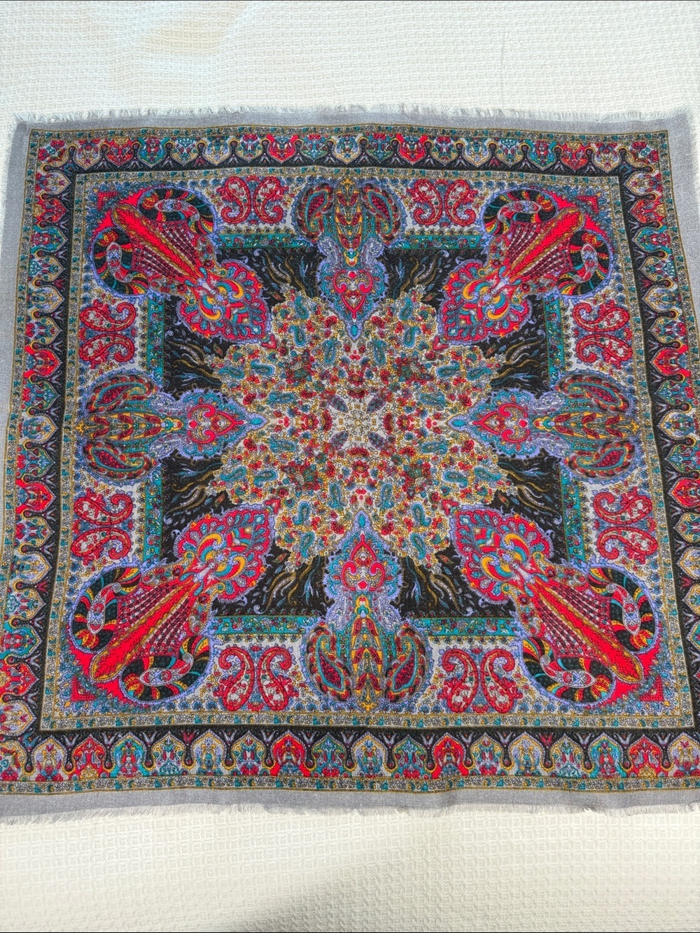 Square gray scarf with colorful paisley traditional print